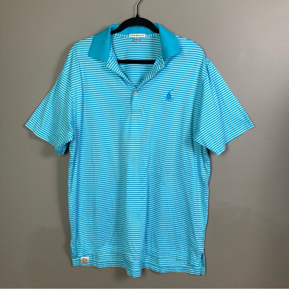 Peter Millar shirt Large Polo striped MCC coat of arms logo bright blue white‎